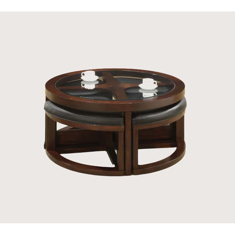 Hokku Designs Dark Walnut Coffee Table Glass Insert Top Ottoman Included Table Set Living Room Furniture