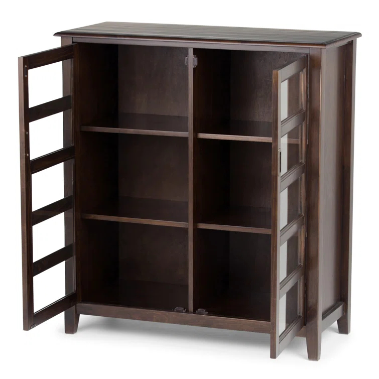 Simpli Home Burlington 40"W Solid Wood 4-Shelf Medium Storage Cabinet with Tempered Glass Doors and Adjustable Shelves