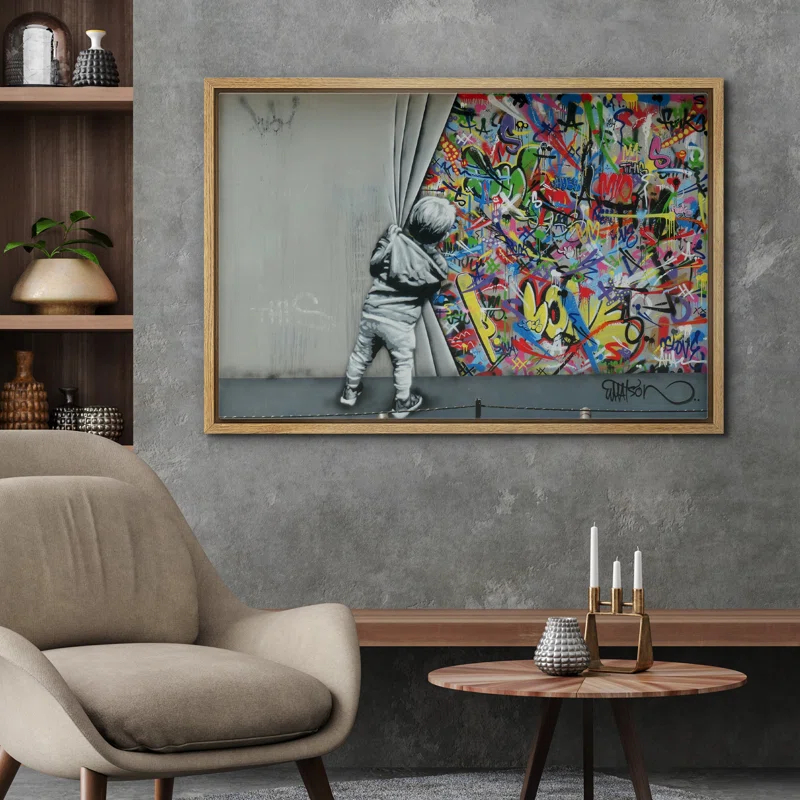 IDEA4WALL Pop Urban Street Banksy British Artist Kid Spray Paint Curtain Illusion Colorful Large Canvas Print Wall Art