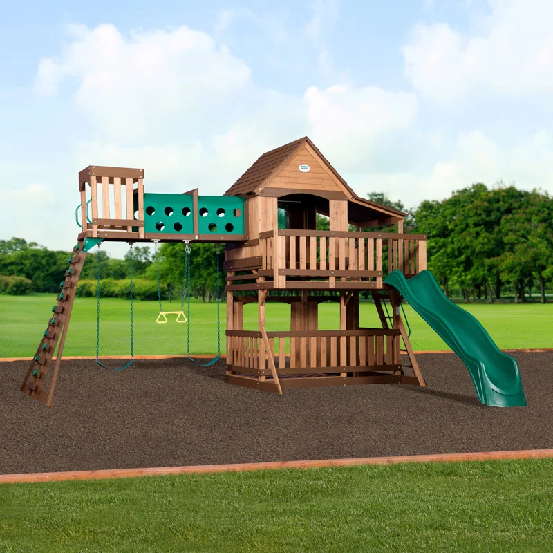Backyard Discovery Backyard Discovery Woodridge Elite Cedar Wood Swing Set with Wave Slide, Clubhouse, Crawl Tunnel, and Crow's Nest