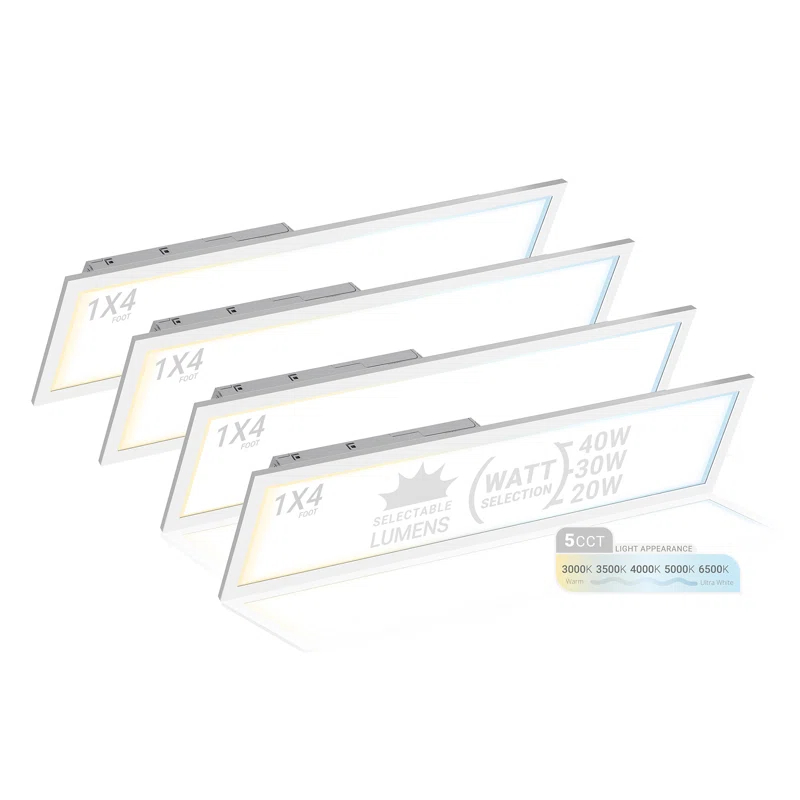 NUWATT NUWATT 4 Pack 1x4 LED Drop Ceiling Flat Panel Troffer Light, Wattage & Color Selectable 40W/30W/20W, CCT 3000K/3500K/4000K/5000K/6500K, 4400LM, 0-10V Dimmable Backlit Fixture, 120V-277V, ETL Listed