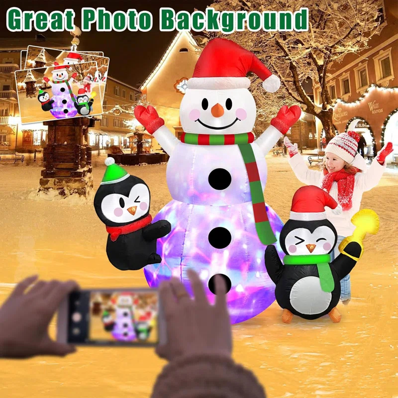 6 FT Christmas Inflatables Snowman With Penguins Built-In Rotating Colorful LED Lights Christmas Inflatable Outdoor Decoration, Christmas Blow Ups For Yard Garden Lawn Xmas Holiday Decor