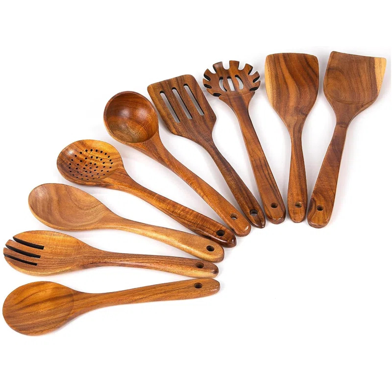 FAST APPLIANCES LLC 9Pcs Wooden Cooking Utensils, Wooden Spoons For Cooking, Teak Wood Kitchen Utensil Set
