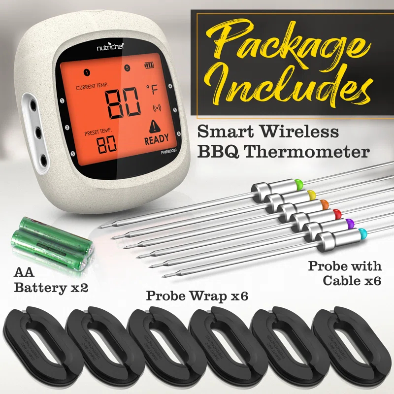 NutriChef Nutrichef Bluetooth Meat Thermometer For Grilling And Smoking With 6 Wireless Meat Probes, 6 Channels With Lcd Display
