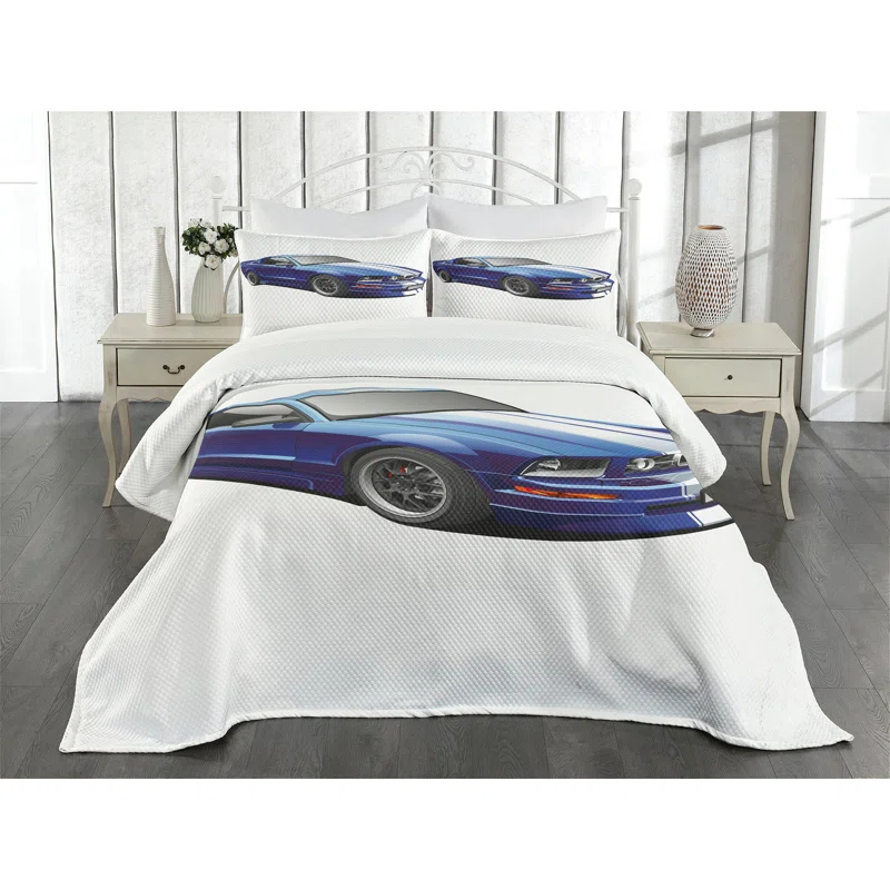 Ambesonne Ambesonne Teen Room Bedspread Set Race Car Vivid Blue Grey