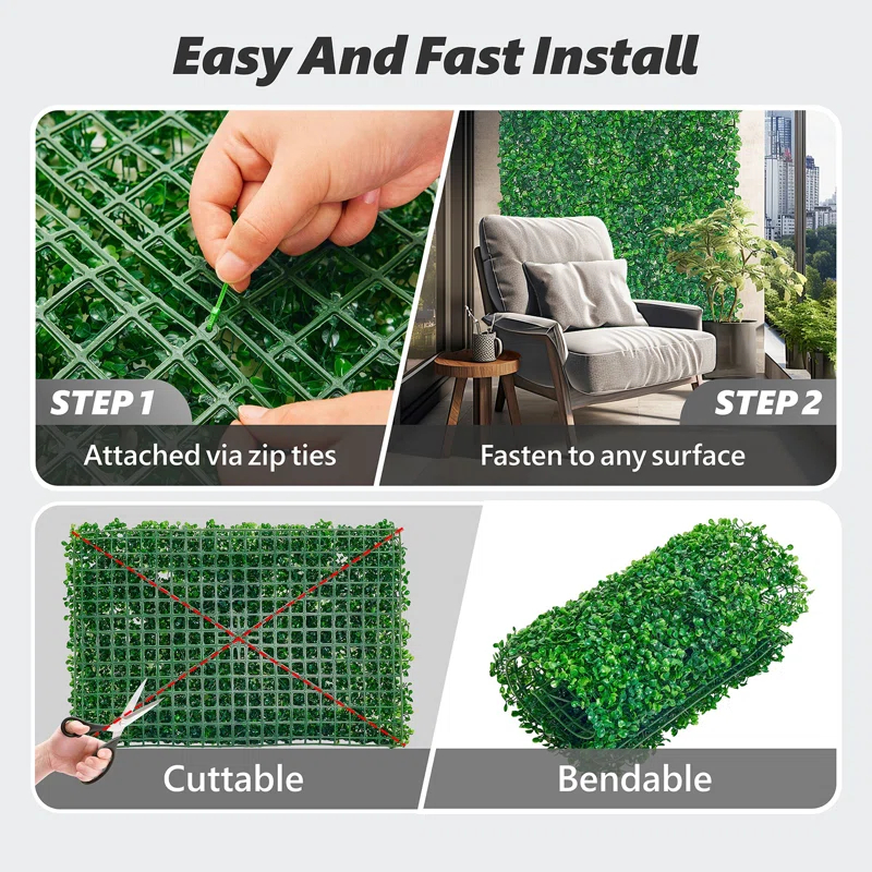 Primrue 12PCS 16" X 24" Artificial Boxwood Panels,Boxwood Hedge Wall Panels,Artificial Grass Backdrop Wall 1.6", Privacy Hedge Screen UV Protected For Outdoor Indoor Garden Fence Backyard