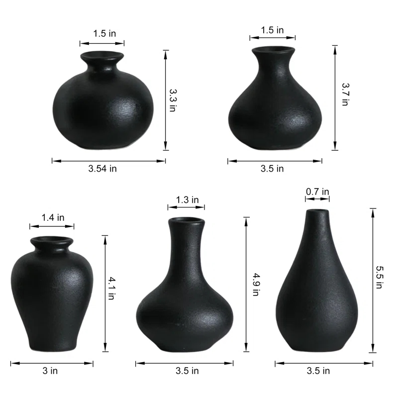 Ivy Bronx Small Black Vases, Ceramic Bud Vase Set Of 5, Mini Pottery Vases For Pampas Grass, Flowers, Decorative Vases (Set of 5)