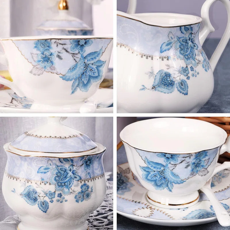 DOFLIC Porcelain Tea Set, Tea Cup and Saucer Set Service for 6, Wedding Tea Set
