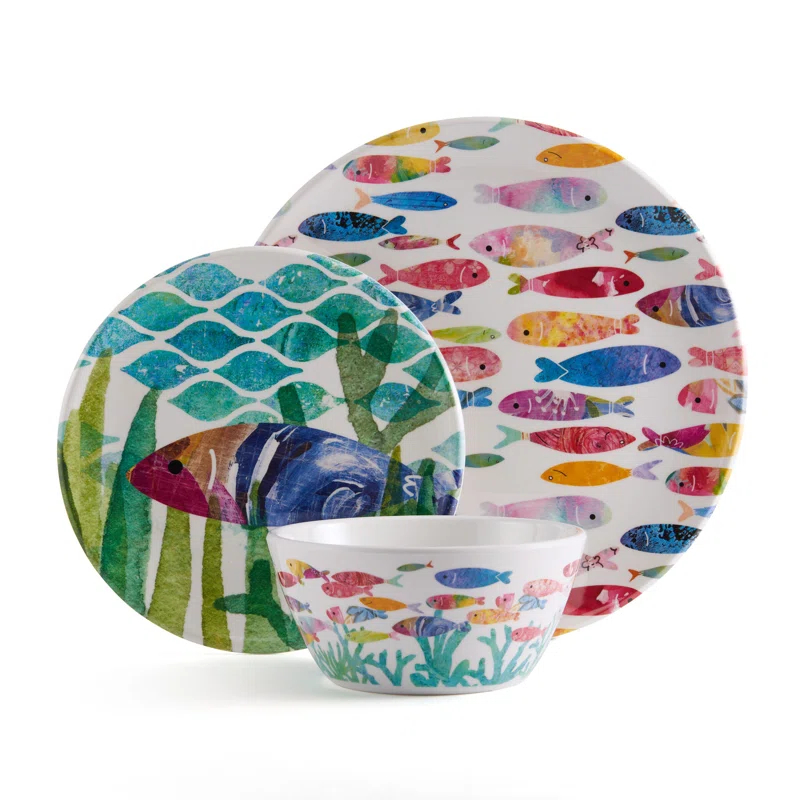 Fitz and Floyd Fitz and Floyd One Fish Two Fish 12-Piece Indoor/Outdoor Melamine Dinnerware Set, Service for 4