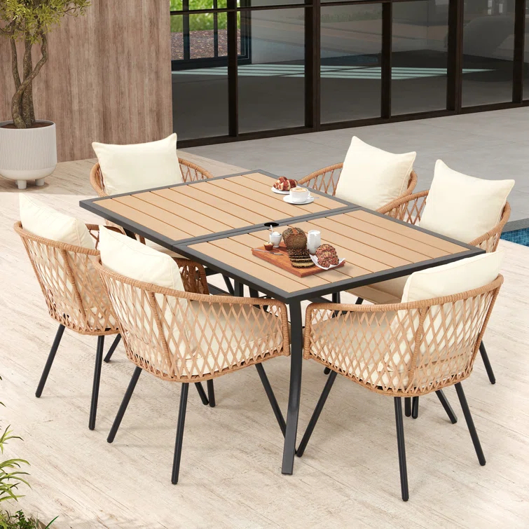 EROMMY 7 Piece Outdoor Dining Table Set, Patio Table And Chairs Set With 6 Rattan Chairs, Rectangular Table With Umbrella Hole, All-weather Patio Furniture For Backyard, Lawn, Garden