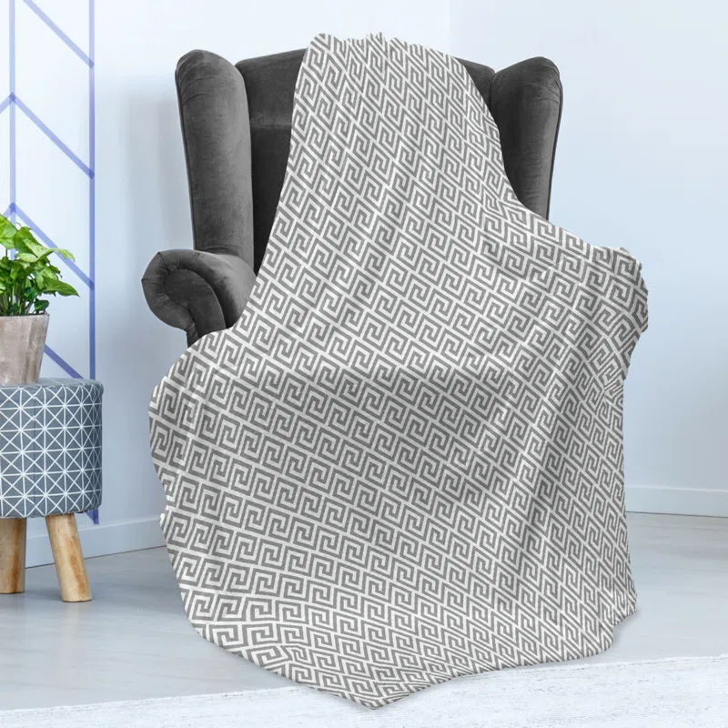 Ambesonne Geometric Fleece Throw Blanket Monochrome Pattern Lines Pale Grey White