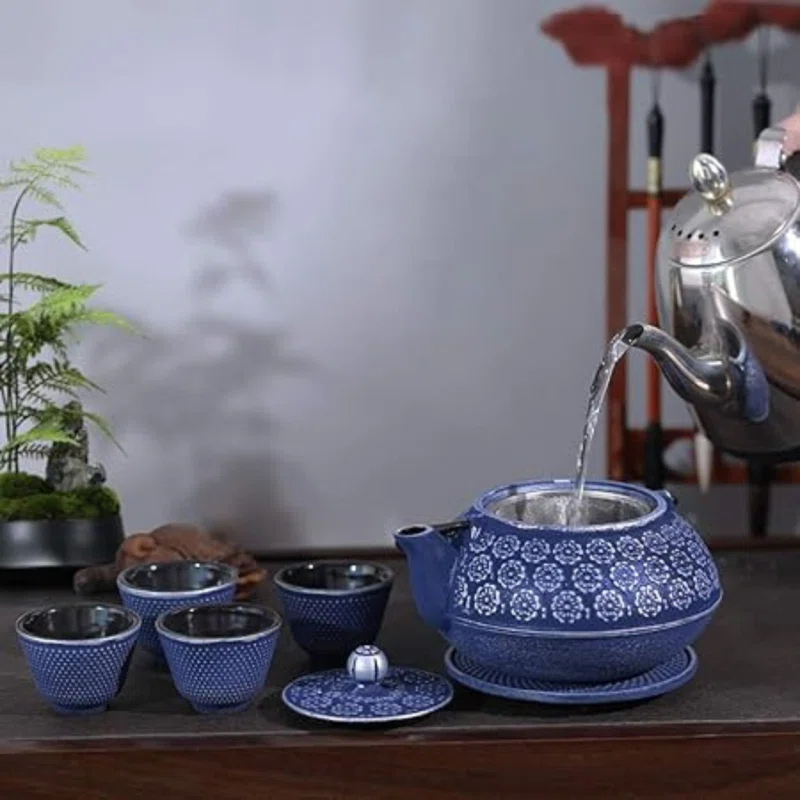 Darby Home Co Blue Floral Japanese Cast Iron Teapot Set with 4 Cups
