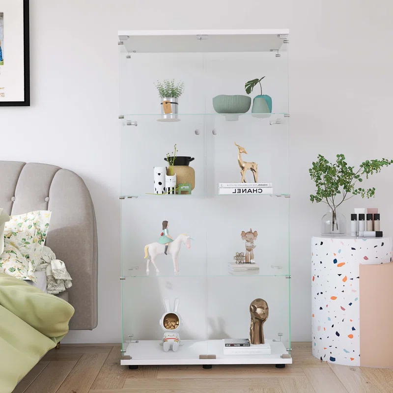 House On Tree Two-door Glass Display Cabinet 4 Shelves with Door, Floor Standing Curio Bookshelf