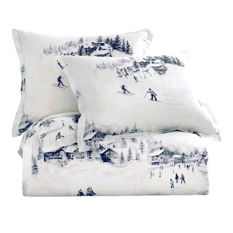 HiEnd Accents Ski Life White Gray Lyocell Ski Season Print Rustic Cabin Lodge Comforter Set