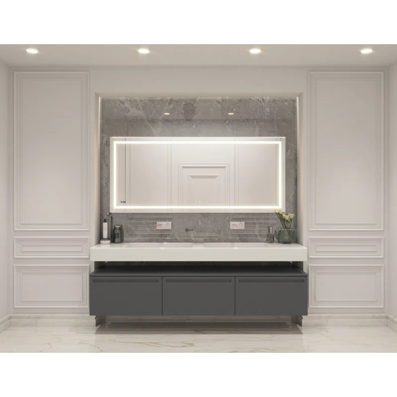 AQUADOM Daytona LED Wall-Mount Mirror for Bathroom with 3 Color Lighting, Touch Control, Dimmer and Defogger, Digital Clock