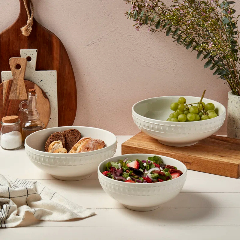 Ivory Dinnerware Tabletops Gallery 3 piece Serving Bowl Set Bloom Embossed White