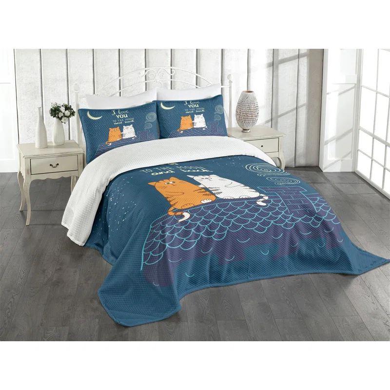 Ambesonne I Love You Bedspread Set Love Cats on Roof Petrol Blue Ivory