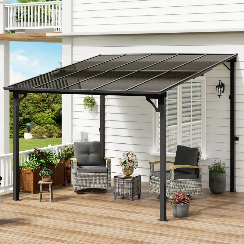 MEISSALIVVE 10' X 12' Gazebo, Wall Mounted Gazebo, Lean To Metal Awnings Gazebos, Gazebo Pergola With Sloped Roof, Outdoor Patio Gazebo Awning For Backyard, Deck