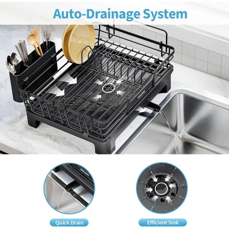 THE GLAMOUR BOUTIQUES Extendable Dish Drying Rack, 2 In 1 Multifunction Dish Rack For Kitchen Counter, Expandable Dish Drainer Over Sink, Large Dish Strainer With Drainboard & Cups Holder, Black