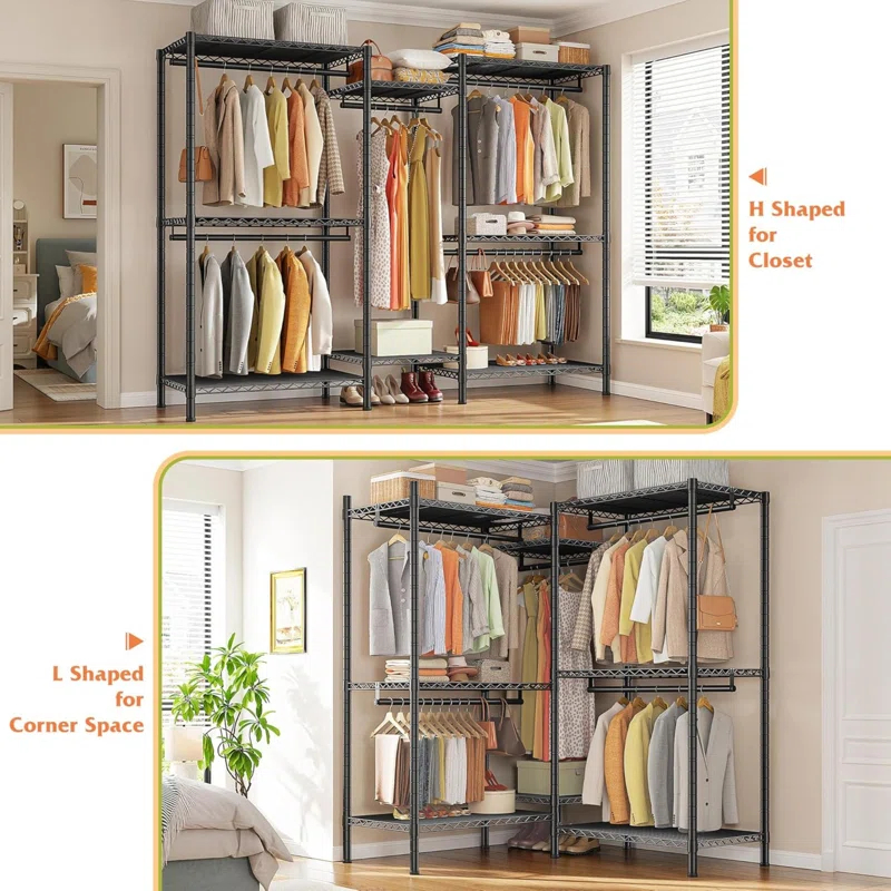 Rebrilliant Clothes Rack, 900LBS Heavy Duty Clothes Rack, Clothing Racks For Hanging Clothes, L Shaped Garment Rack For Corner Freestanding Wardrobe Closet Space Saver 74.5" W X 18" D X 77" H, Black