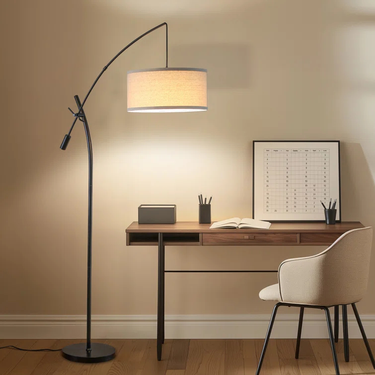 Brightech Grayson 84 in. Mid-Century Modern Height-Adjustable LED Arched Floor Lamp with Beige Fabric Drum Shade