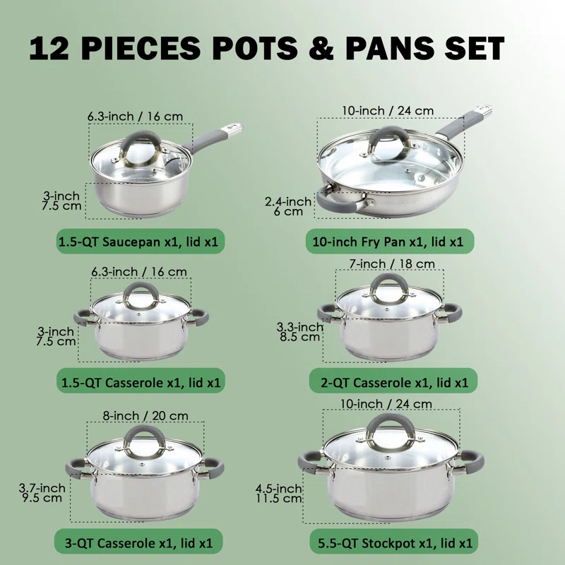 Cooks Standard 12 Piece Stainless Steel Cookware Set, Silicone Handle