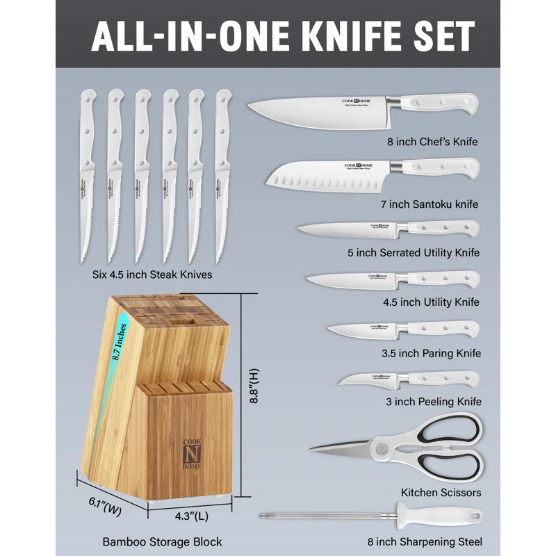 Cook N Home Kitchen Knife Set with Bamboo Storage Block 15-Piece