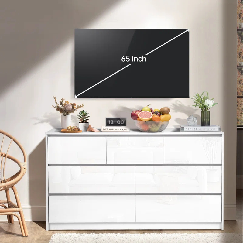 Ebern Designs White Dresser for Bedroom with 7 Drawers, Modern High Gloss Large Dresser with 7 Handle Free Drawers, 55 Inch Wooden Long Dresser, Storage Chest of Drawers