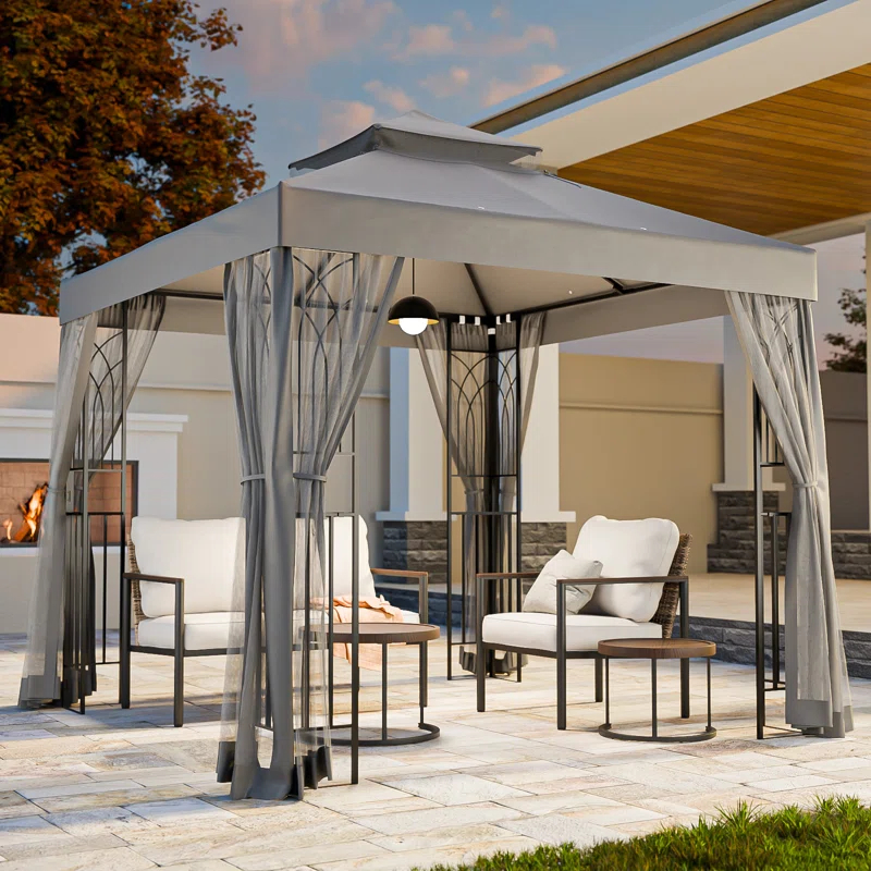 COOS BAY 8 Ft. W x 8 Ft. D Steel Frame Vented Soft Top Patio Gazebo with Mesh Netting, Corner Shelves
