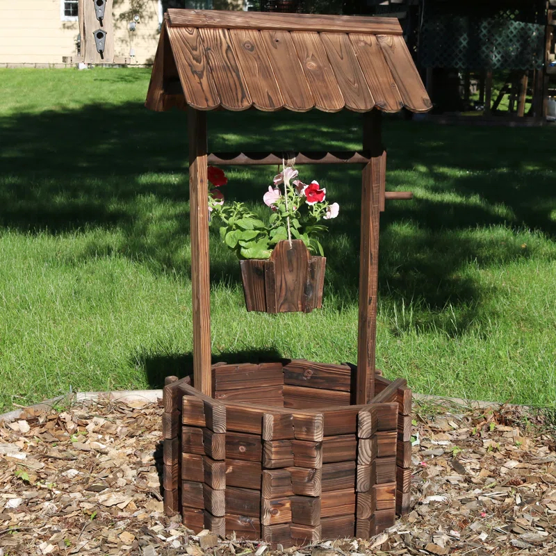 SunnyDaze Decor Wishing Well 24.5" x 22" x 45" Octagon Brown Wooden Outdoor Planter with Bucket