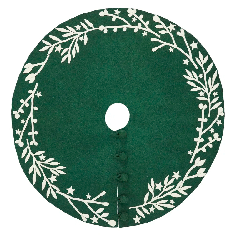 Handmade Green Felt Christmas Tree Skirt with Cream Branches and Stars - 60"