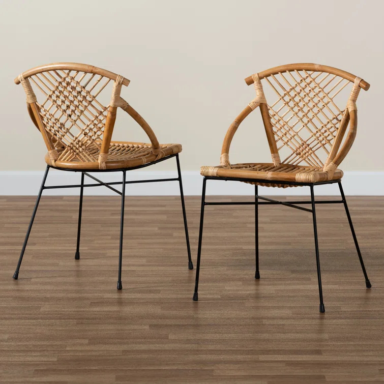 Bayou Breeze Slat Back Rattan Side Chair in Natural Brown (Set of 2)