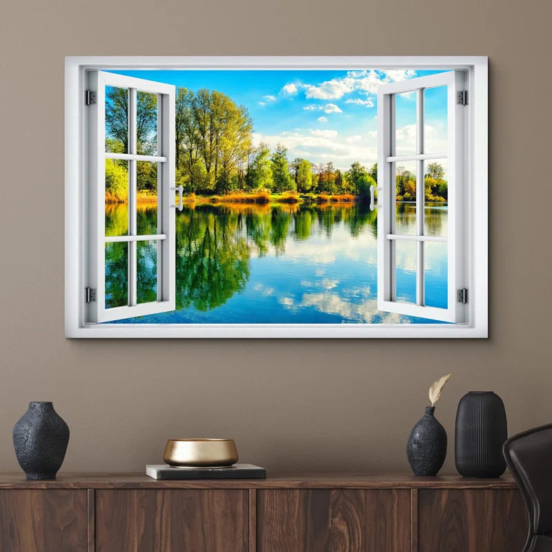 IDEA4WALL Window Scenery Green Peaceful Lake Natural Landscape Photography Pictures Canvas Print Wall Art