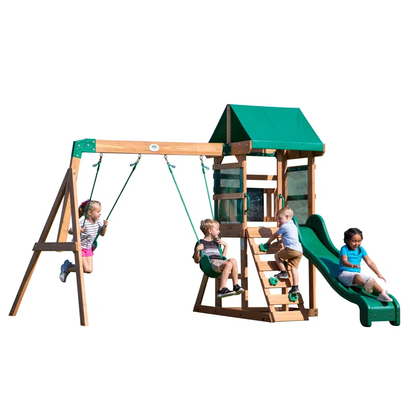 Backyard Discovery Buckley Hill Cedar Wood Swing Set with Wave Slide, Play Deck, Rock Wall Ladder, and Chalkboard & Reviews | Wayfair