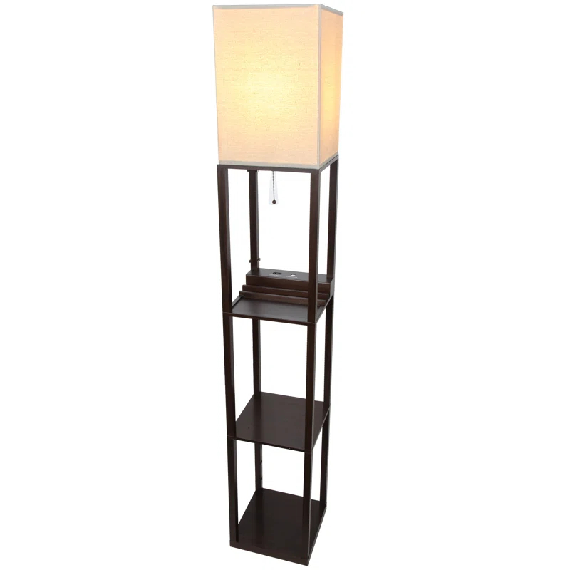 Maxwell 63 in. USB Charging LED 3-Shelf Floor Lamp with Beige Fabric Square Shade