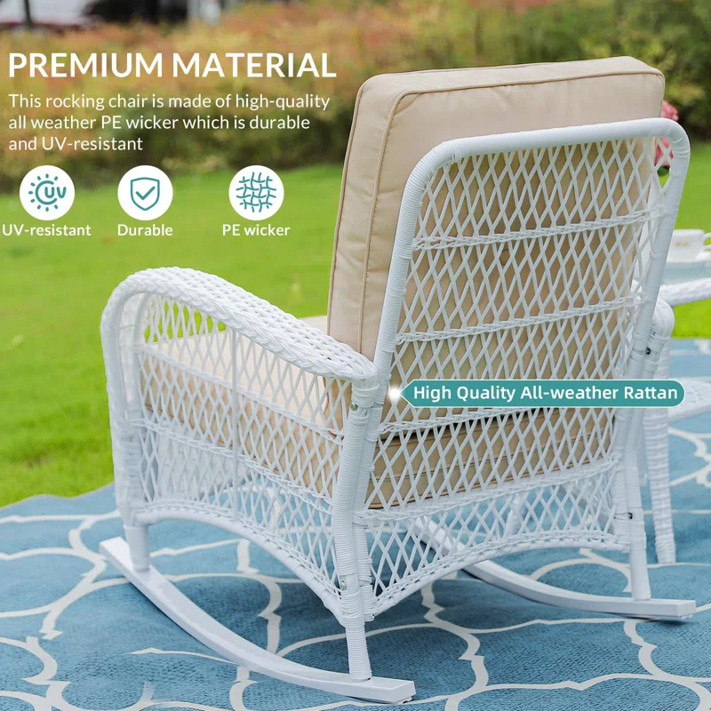 Beachcrest Home™ Beachcrest Home Outdoor Wicker Rocking Chairs Set Of 2, Rattan Patio Rocker Chairs With Thick Cushions And High Back, All-Weather Patio Wicker Chair With Safe Rocking Design For Garden, White Wicker