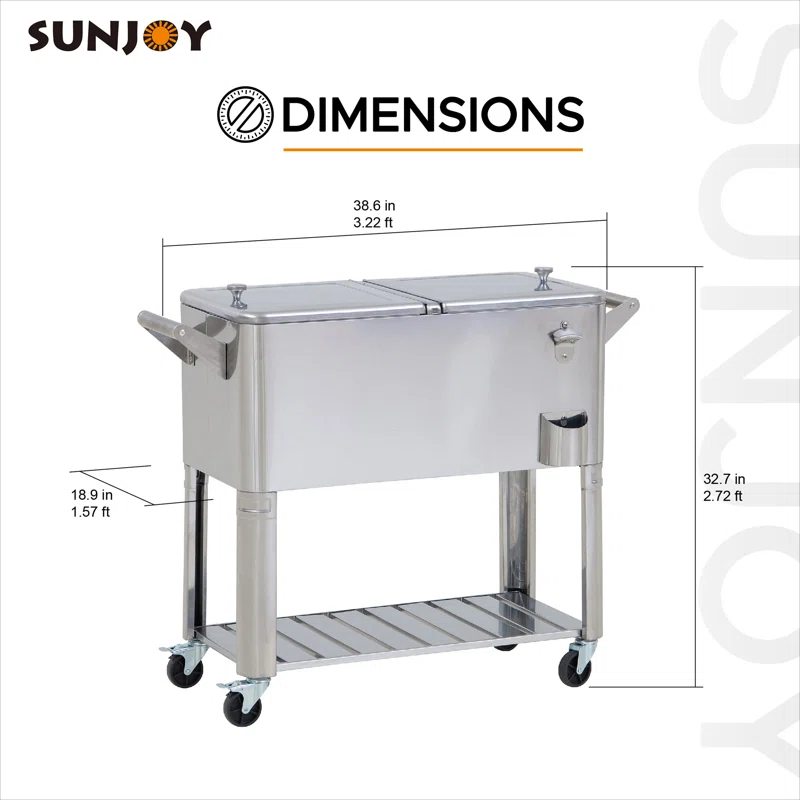 Sunjoy Sunjoy 80 Quart Patio Cooler Cart Stainless Steel Rolling Ice Chest With Steel Bottle Opener, Shelf And Lockable Wheels