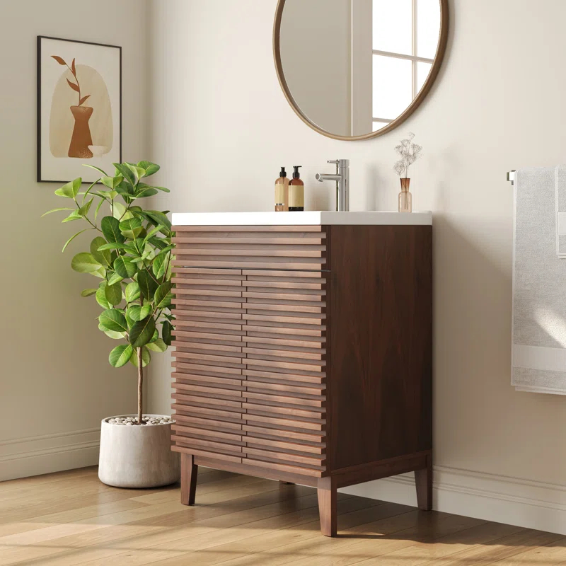 DeerValley  Cove 24" Bathroom Vanity with Ceramic Sink Top, Fully Assembled Mid-Century Wood Bathroom Cabinet Walnut & Reviews | Wayfair