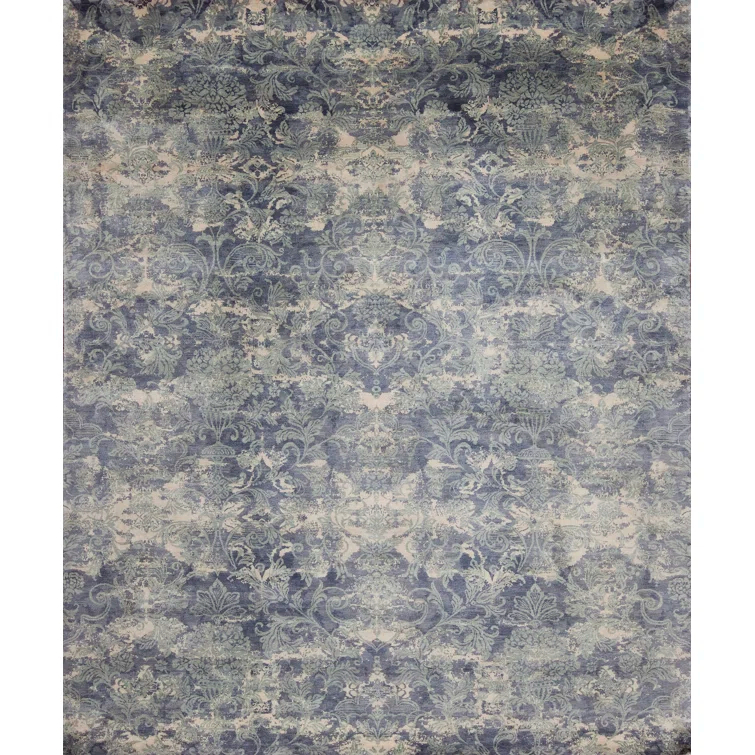 Hand-Knotted Blue Wool and Viscose 4' x 6' Area Rug