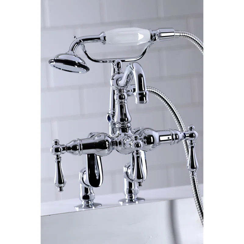 Kingston Brass Vintage Three-Handle 2-Hole Deck Mount Clawfoot Tub Faucet with Hand Shower
