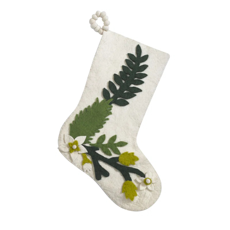 Hand Felted Wool Christmas Stocking - Green Leaves on Cream