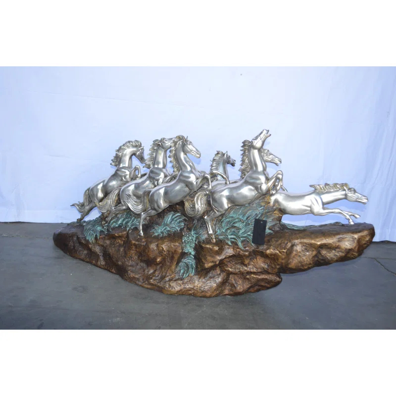 Nifao Statues Eight Horses Running Bronze Statue Silver Finish -  Size: 59"L X 20"W X 28"H.