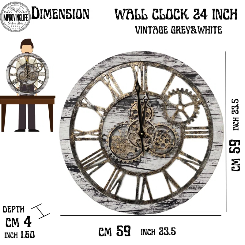 Wall Clock 24" Round Oversized for Living Room decor with Real Moving Gears America Collection