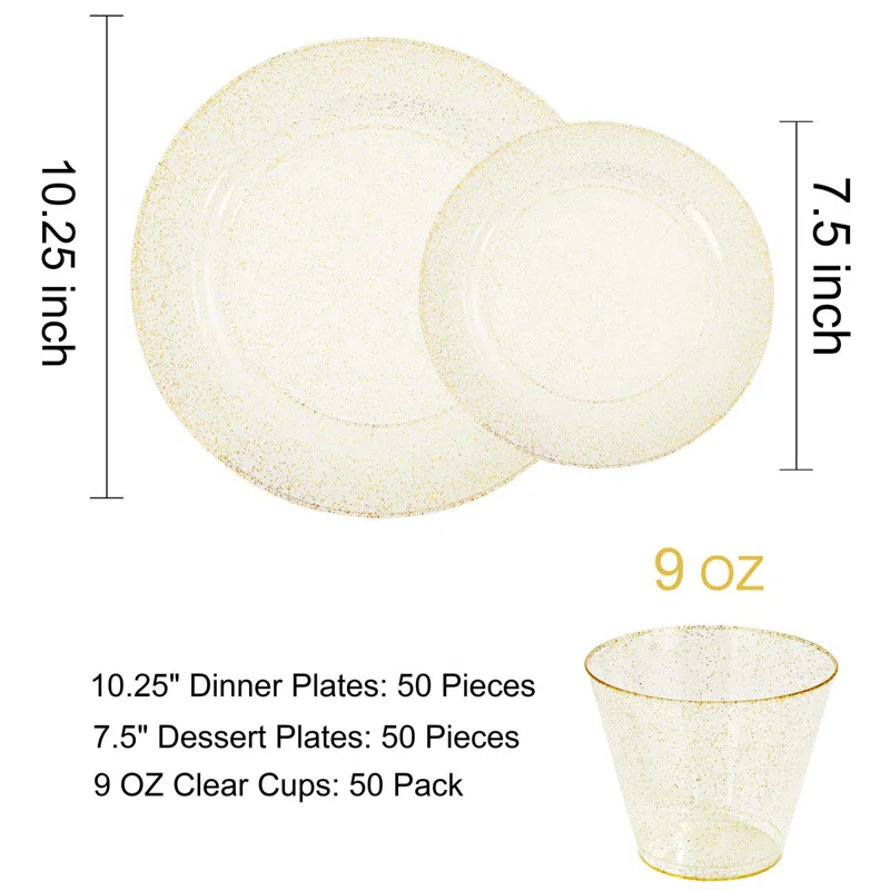 MODERN WALLS LLC 350 Pieces Gold Glitter Dinnerware Set 50 Guest For Party- 50 Dinner Plates, 50 Dessert Plates -50 Per Rolled Napkins With Gold Cutlery - 50 Disposable Cups 9 OZ