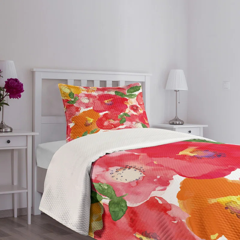 Ambesonne Ambesonne Flower Bedspread Set Watercolor Style Floral Red and Orange