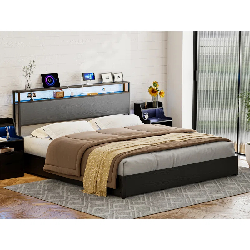 Kaiwei Storage Headboard With Led Lights & Charging Station - Industrial Metal And Wood