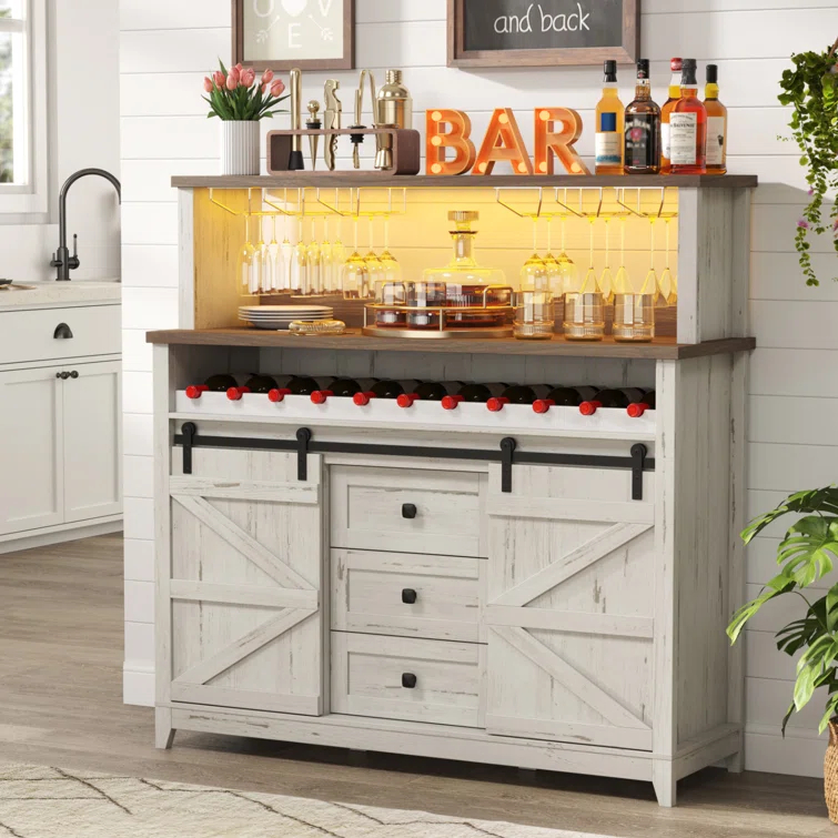 Gracie Oaks Farmhouse Wine Bar Cabinet With Sliding Bar Door And Led Lights, Sideboard With 2 Layers Tabletops, Wine And Glass Racks, 2 Storage Cabinets With Adjustable Shelf, 3 Drawers, Rustic White