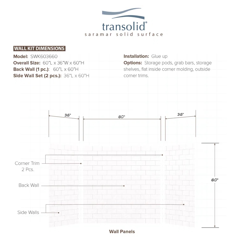 Transolid SaraMar 60'' W 36'' D 60'' H Glue Up Solid Surface Wall