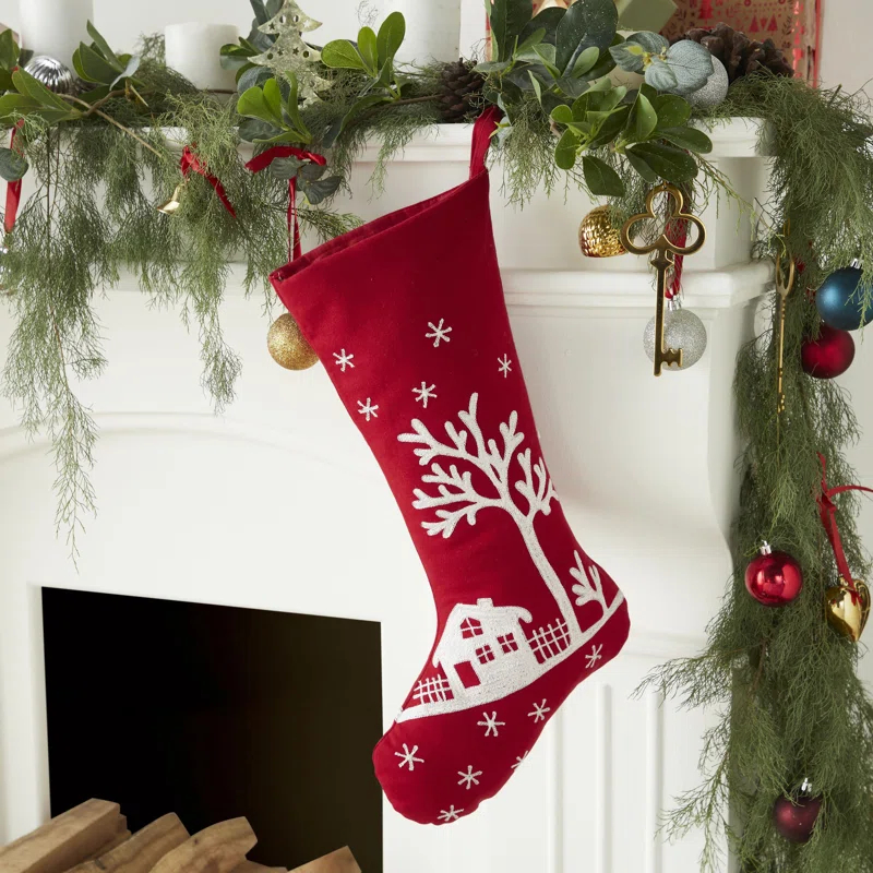 Arcadia Home Handmade Christmas Stocking - Snowy Village Embroidered Scene on Red