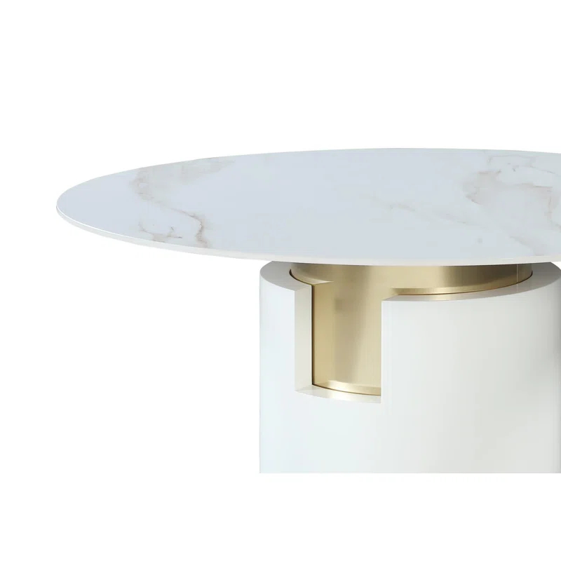 Chintaly Imports Marbleized Sintered Stone Top Table w/ Cylinder Base & Golden Accent